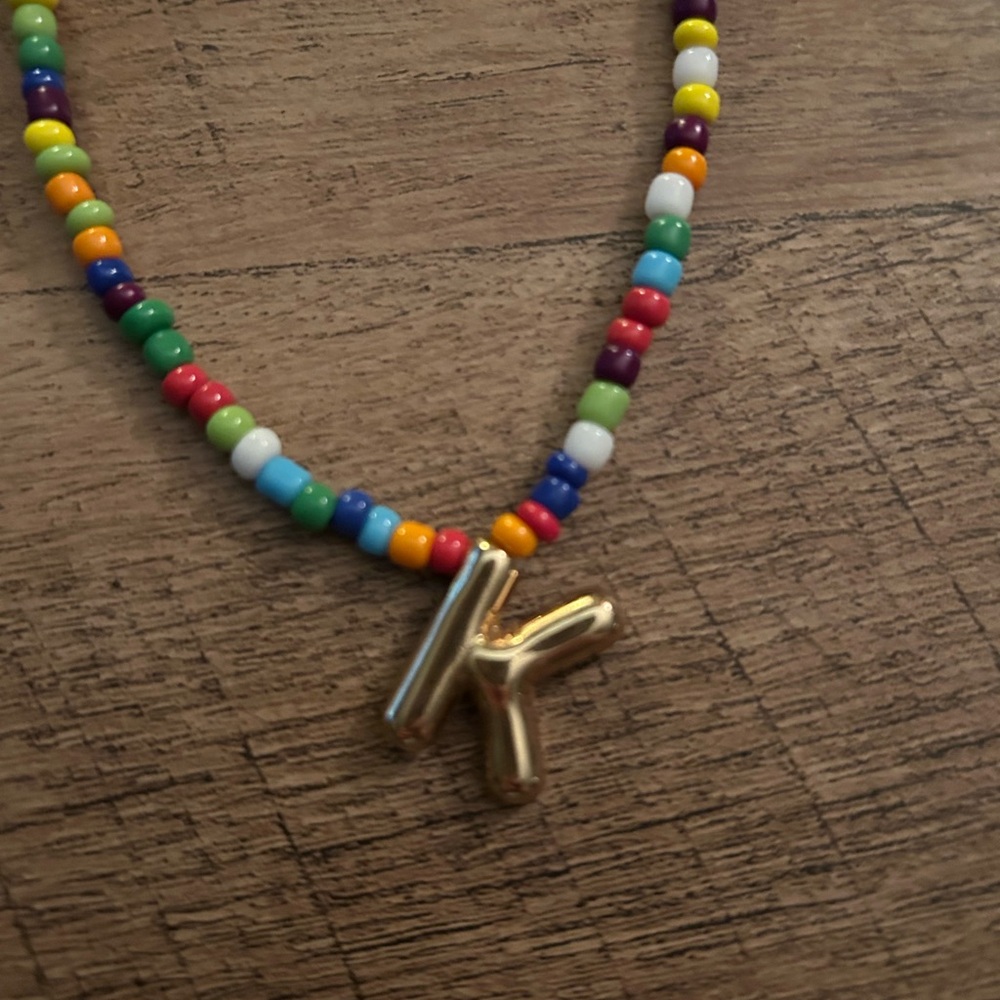Colorful Beaded Necklace with Gold Tone letter K Pendant